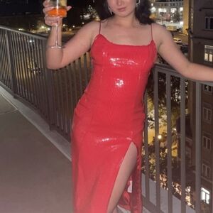 NWT Bardot Beckett Red Sequin Spaghetti Strap Slip Midi Dress